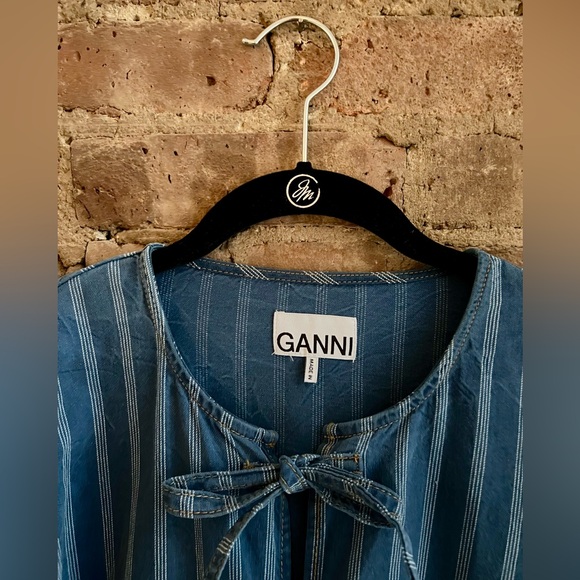 GANNI Striped Denim Peplum Tie Blouse - EU 40 - US 8/10 - Picture 5 of 6